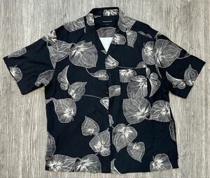 Baracuta Silk Shirt Men XL Black White Tropical Leaf Hawaiian Camp Collar Button
